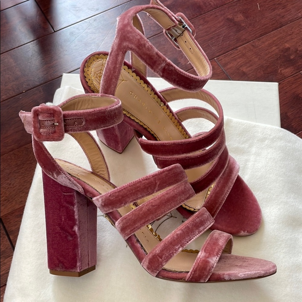 NIB Charlotte Olympia Italy Christie Blush Pink Strappy Velvet & Leather Heels